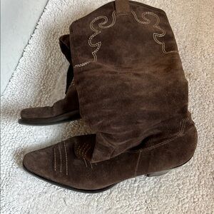 Via Spiga Brown Suede Cowboy Boots with Decorative Stitching